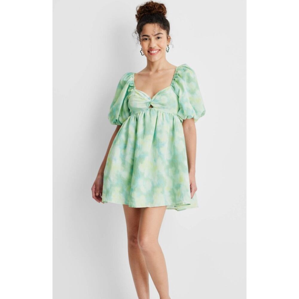 Future Collective Gabriela Karefa-Johnson Green Puff Sleeve Tie Dye Mini Dress S